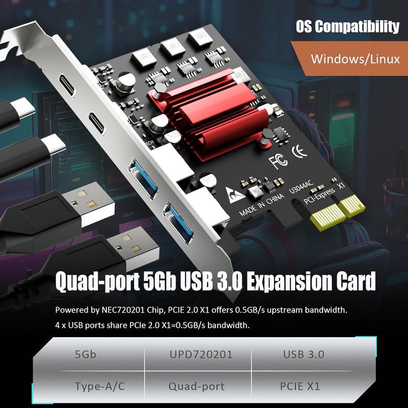 GLOTRENDS بطاقة توسيع PCIe 4-منافذ (2 x Type-C + 2 x Type-A) USB 3.0 بسرعة 5Gbps لمنصات Intel و AMD و ARM، متوافقة مع Windows و Linux (لا تدعم Mac OS) - Image 3